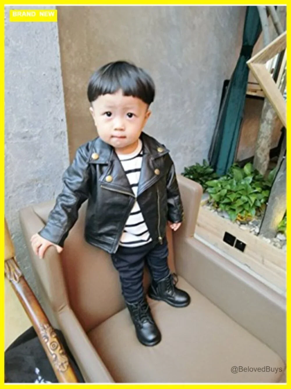 Baby Faux Leather Lapel Jacket Oblique Zipper Coat Outerwear